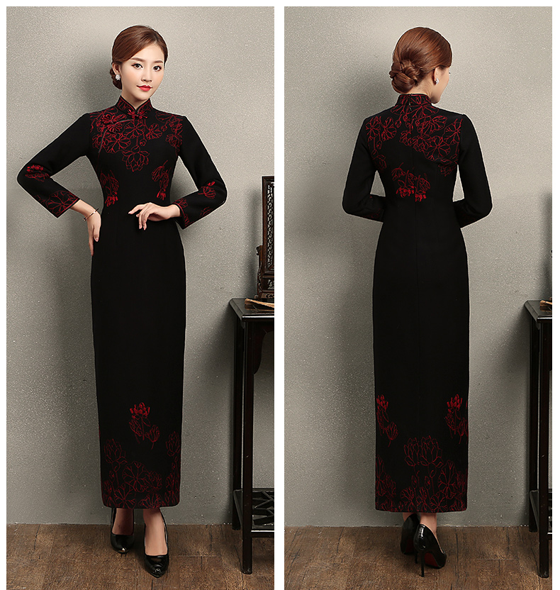 家佳樂文學(xué)荷花刺繡旗袍，復(fù)古中式旗袍裙