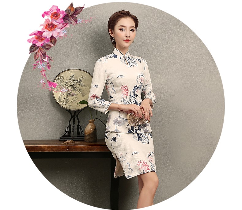 家佳樂文學(xué)水墨荷花印花旗袍，復(fù)古中式白色旗袍裙