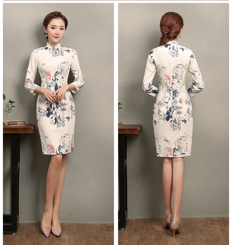 家佳樂文學(xué)水墨荷花印花旗袍，復(fù)古中式白色旗袍裙