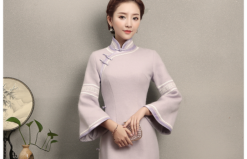 淺紫色花邊旗袍，簡潔大氣的旗袍裙