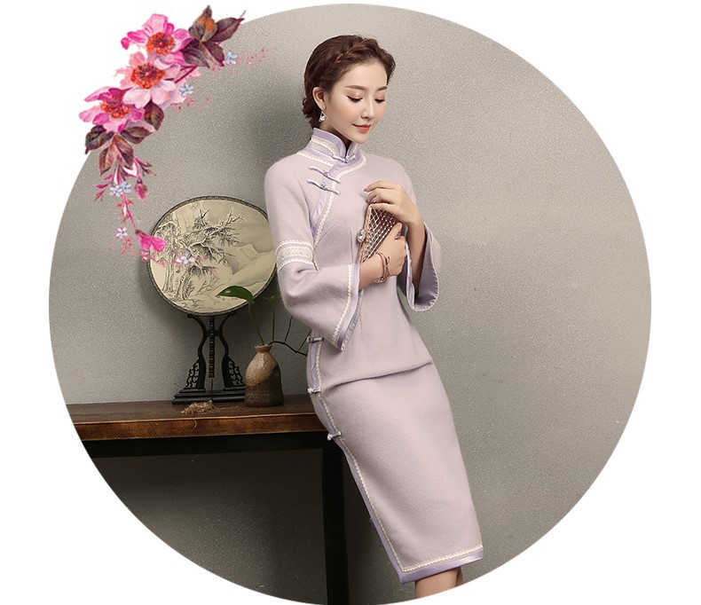 淺紫色花邊旗袍，簡潔大氣的旗袍裙