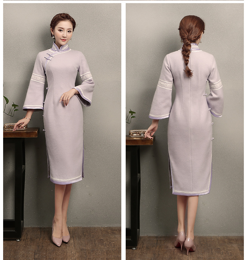 淺紫色花邊旗袍，簡潔大氣的旗袍裙