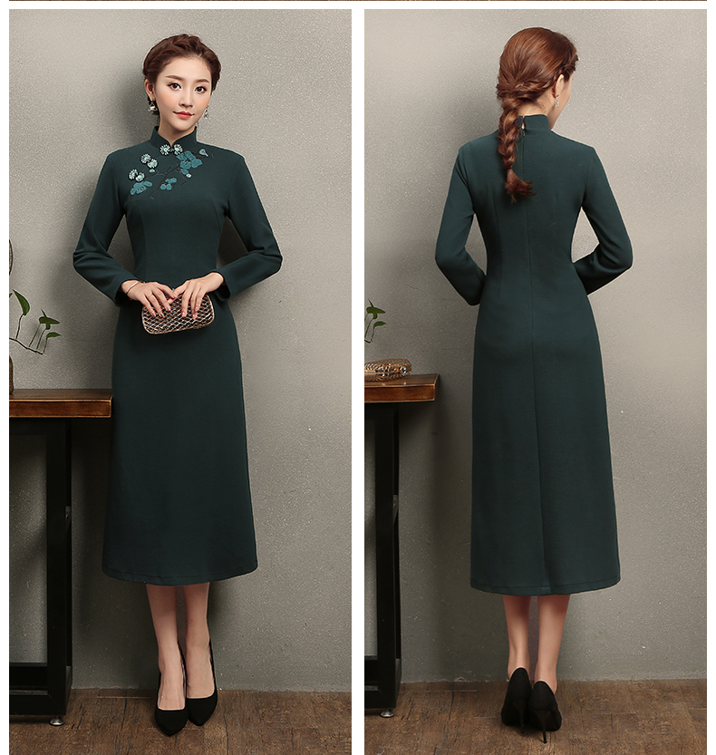 淺墨綠色繡花旗袍，碧嫻復(fù)古旗袍裙