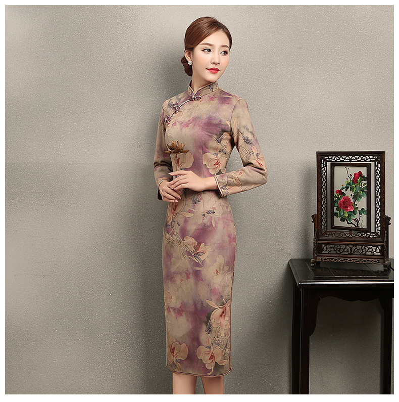 杏灰紫玉蘭印花旗袍，復(fù)古旗袍裙