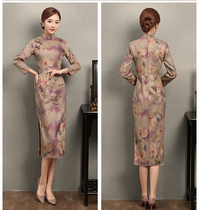 杏灰紫玉蘭印花旗袍，復(fù)古旗袍裙