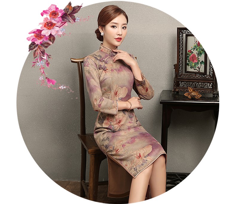 杏灰紫玉蘭印花旗袍，復(fù)古旗袍裙