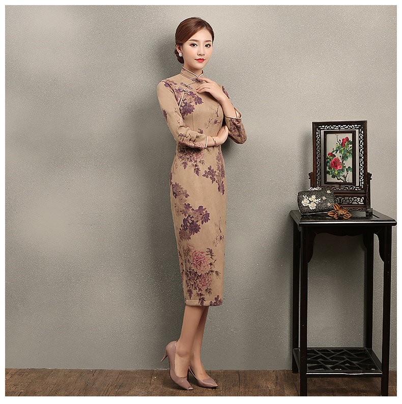 紫云牡丹印花旗袍，復(fù)古風(fēng)旗袍裙