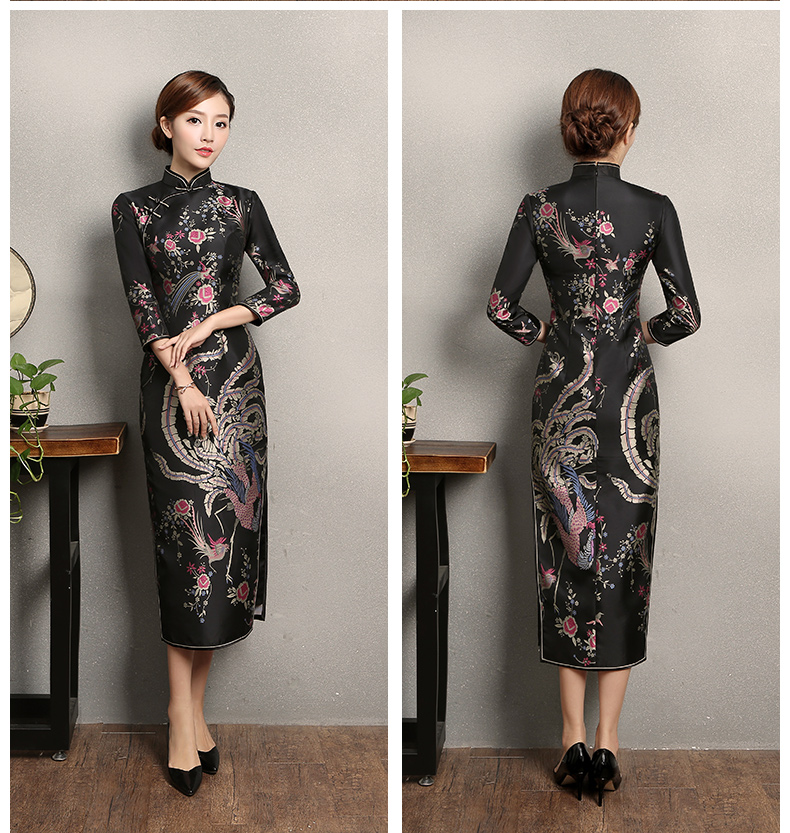 黑色鳳鳥提花旗袍，復古風旗袍裙