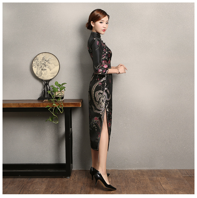 黑色鳳鳥提花旗袍，復古風旗袍裙