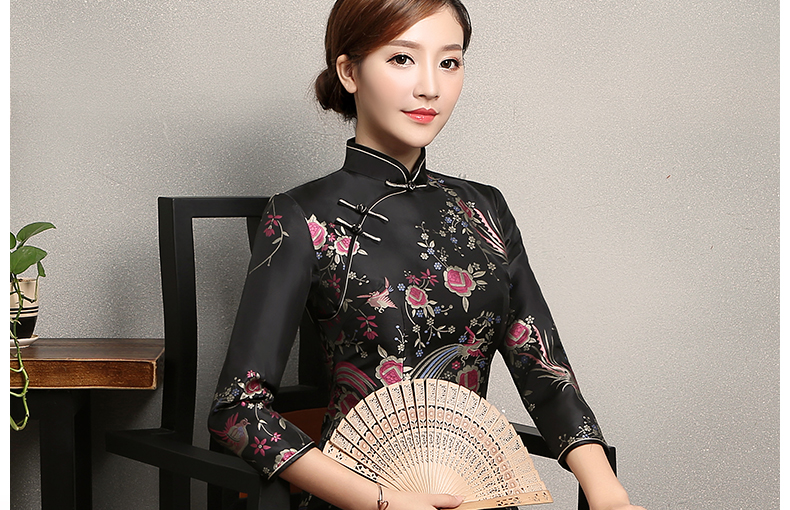 黑色鳳鳥提花旗袍，復古風旗袍裙