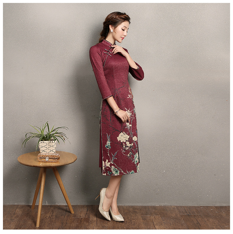 棗紅色奧黛風(fēng)旗袍，復(fù)古中式旗袍裙
