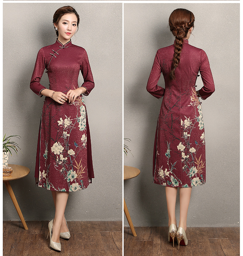 棗紅色奧黛風(fēng)旗袍，復(fù)古中式旗袍裙