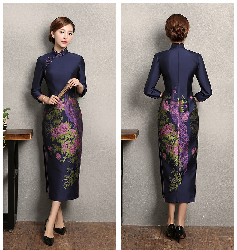 寶藍(lán)色孔雀提花旗袍，復(fù)古中式旗袍裙