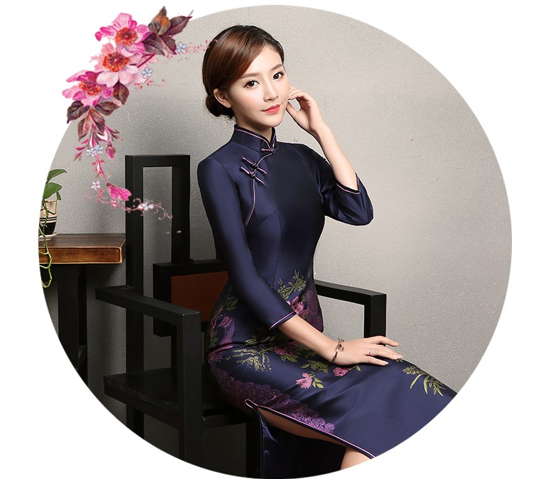 寶藍(lán)色孔雀提花旗袍，復(fù)古中式旗袍裙