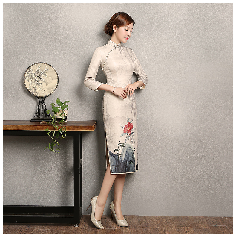 水墨山水印花染旗袍，復(fù)古家佳樂文學(xué)旗袍裙