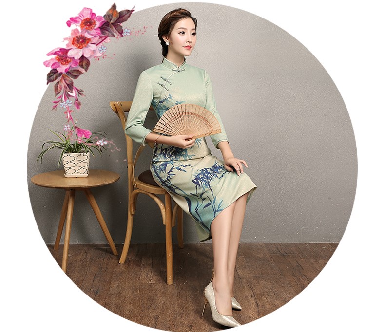 淡綠羞竹印花旗袍，時尚家佳樂文學旗袍裙