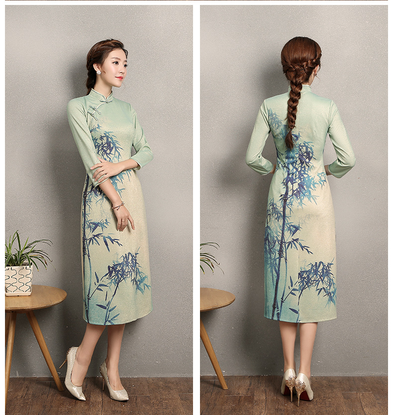 淡綠羞竹印花旗袍，時尚家佳樂文學旗袍裙