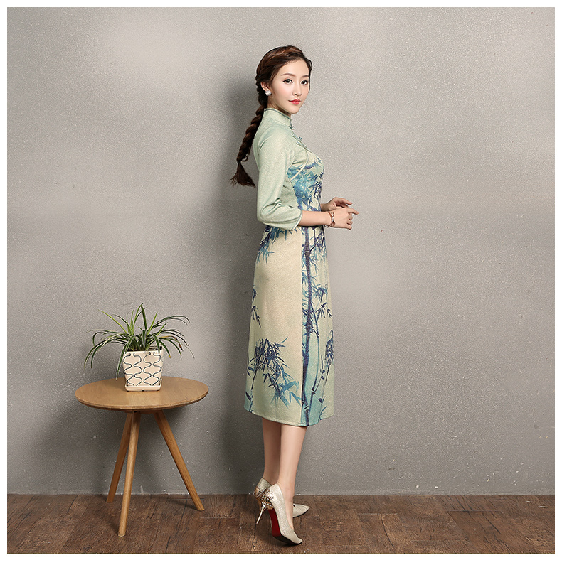 淡綠羞竹印花旗袍，時尚家佳樂文學旗袍裙