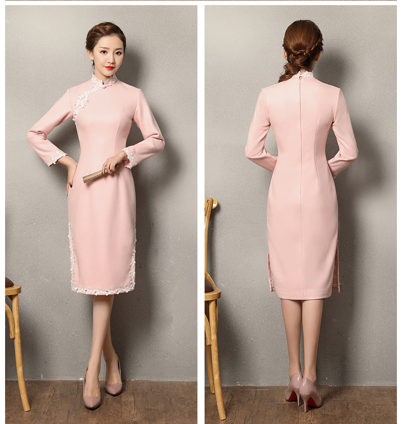 粉色蕾絲花邊旗袍，清純淑女旗袍裙