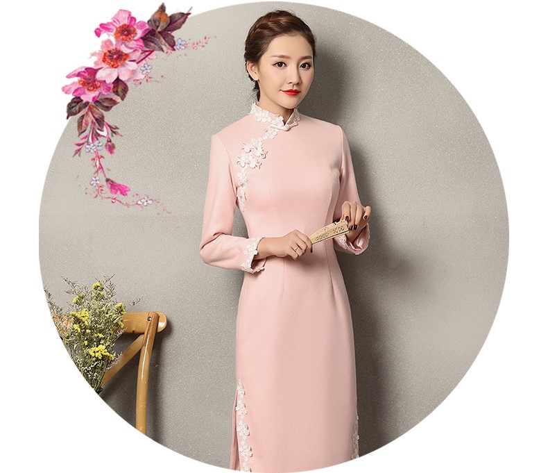 粉色蕾絲花邊旗袍，清純淑女旗袍裙