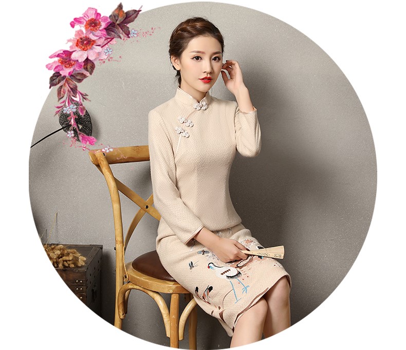 錦鶴刺繡旗袍，家佳樂(lè)文學(xué)旗袍裙