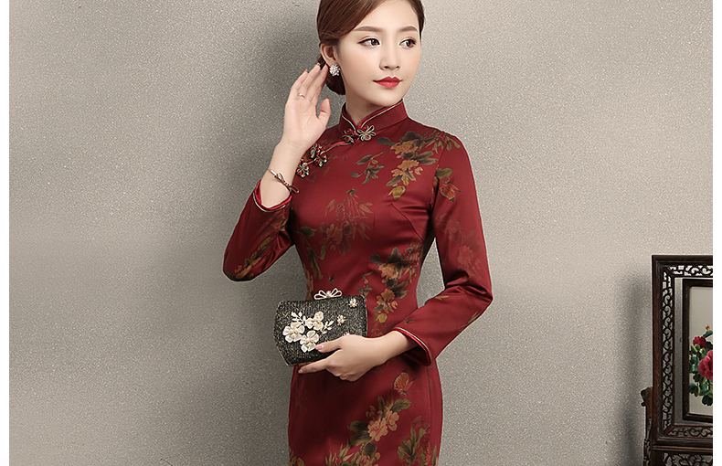 深紅色印花旗袍，復(fù)古家佳樂文學(xué)旗袍裙