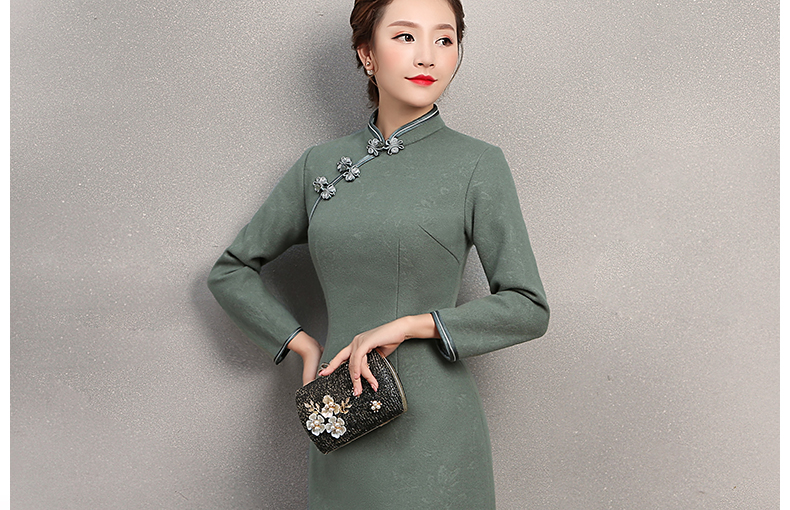 素凈灰綠色旗袍，復古家佳樂文學旗袍裙