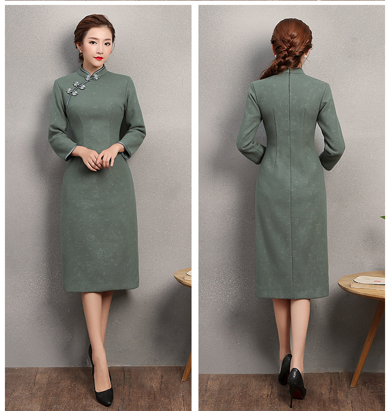 素凈灰綠色旗袍，復古家佳樂文學旗袍裙