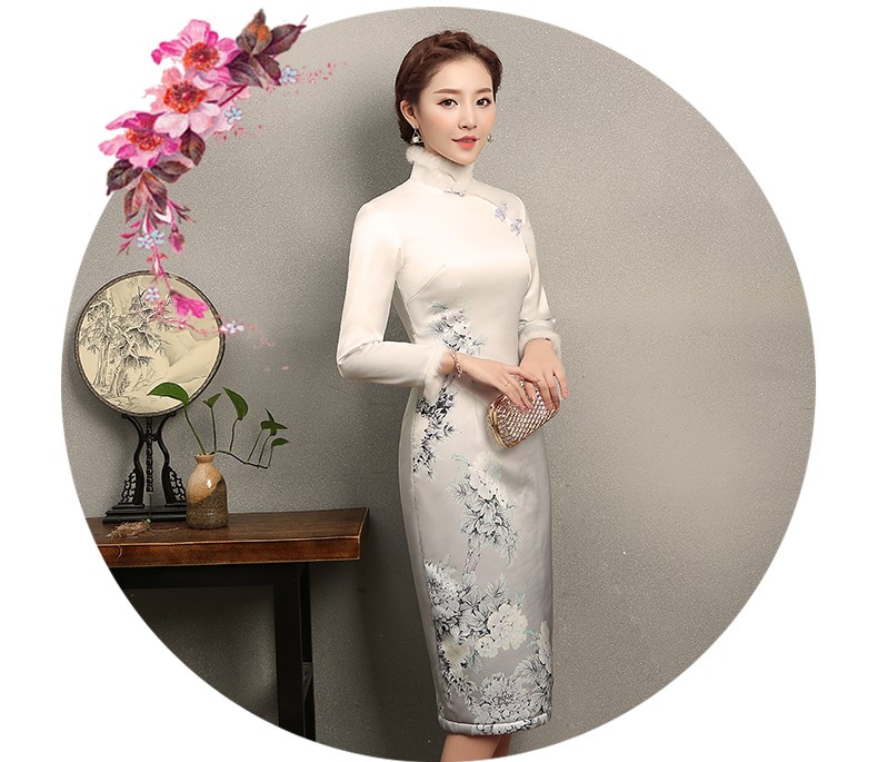 花雪牡丹印花旗袍，白色冬季旗袍裙