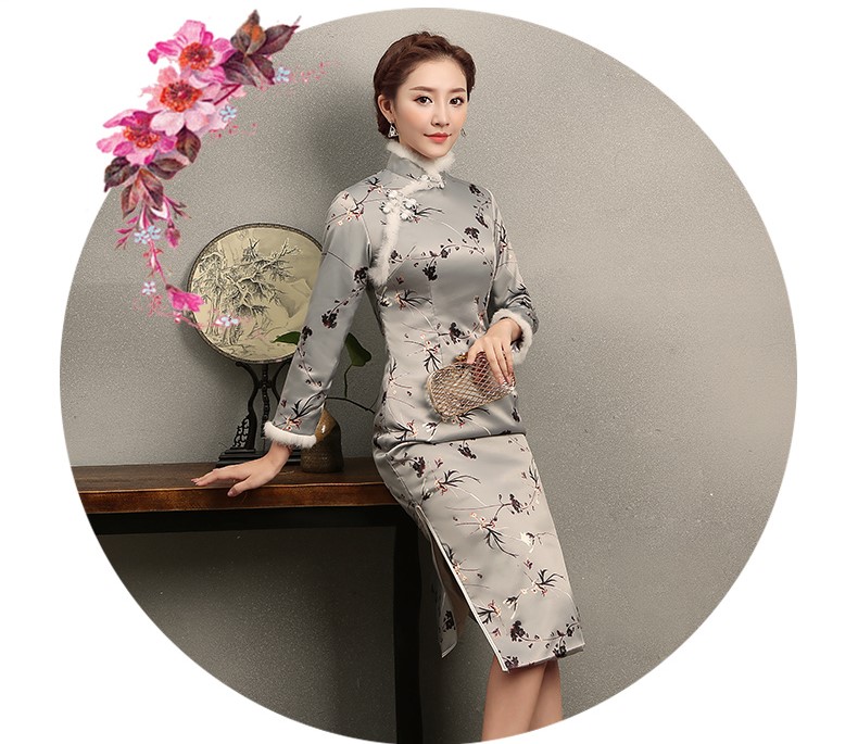 花仟淺灰藍(lán)旗袍，兔毛包邊冬季旗袍裙