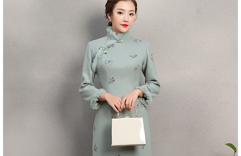 粉綠色舞蝶旗袍，兔毛包邊冬季旗袍裙