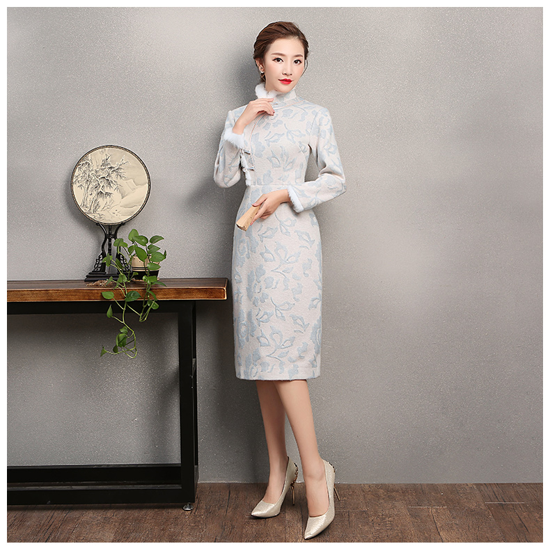 素凈淡雅旗袍，兔毛立領(lǐng)冬季旗袍裙