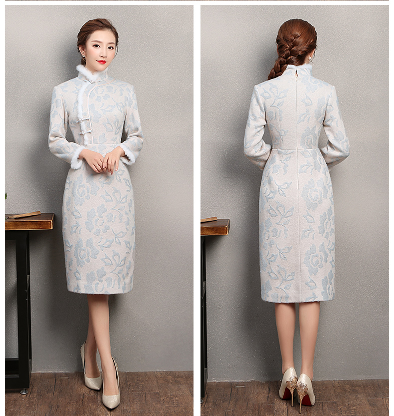 素凈淡雅旗袍，兔毛立領(lǐng)冬季旗袍裙