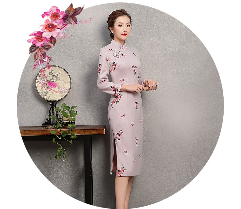 淡粉繡小花旗袍，粉嫩清純旗袍裙