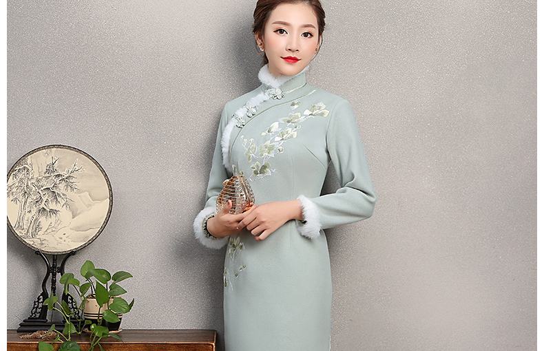 碧綠色繡花旗袍，素淡文藝旗袍裙