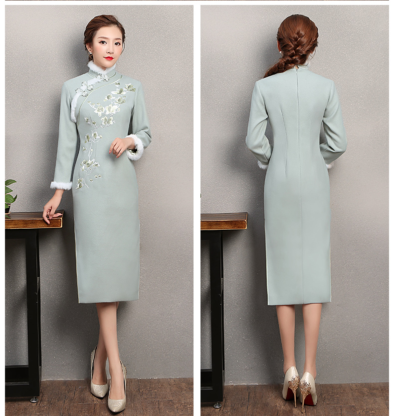 碧綠色繡花旗袍，素淡文藝旗袍裙