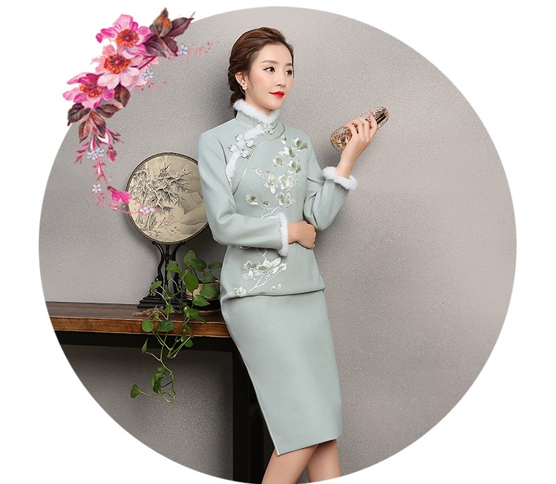 碧綠色繡花旗袍，素淡文藝旗袍裙