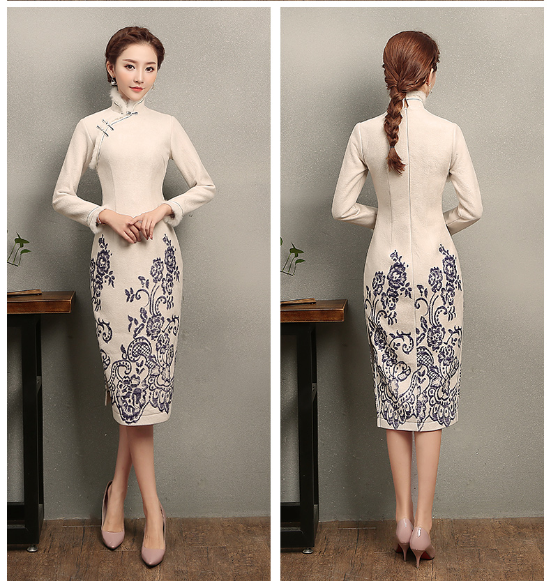 青花瓷素雅旗袍，別致兔毛立領(lǐng)旗袍裙