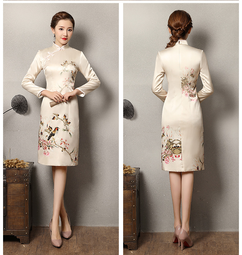 淺杏色樂鵲旗袍，清新復(fù)古旗袍裙