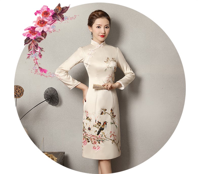 淺杏色樂鵲旗袍，清新復(fù)古旗袍裙