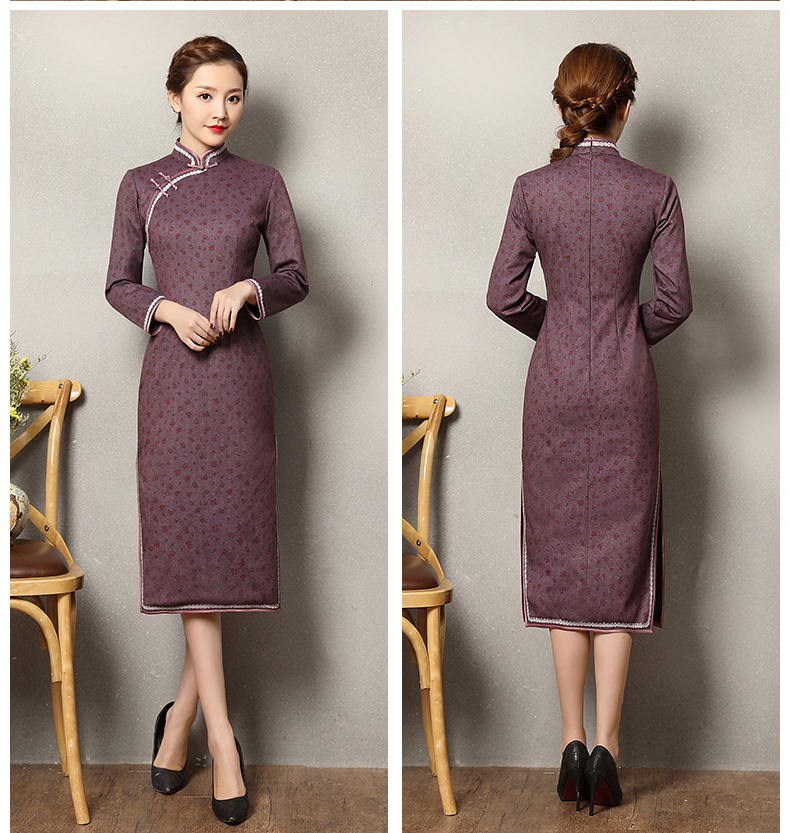 灰紫色雅玉旗袍，復(fù)古暗紅色小花旗袍裙
