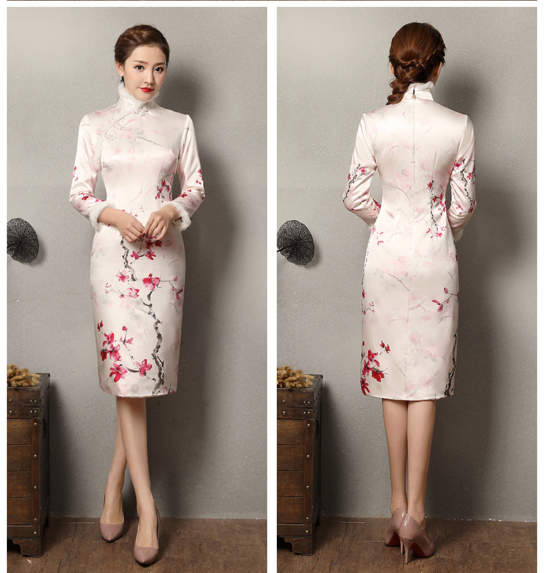 素雅紅雪水墨旗袍，復古梅花旗袍裙