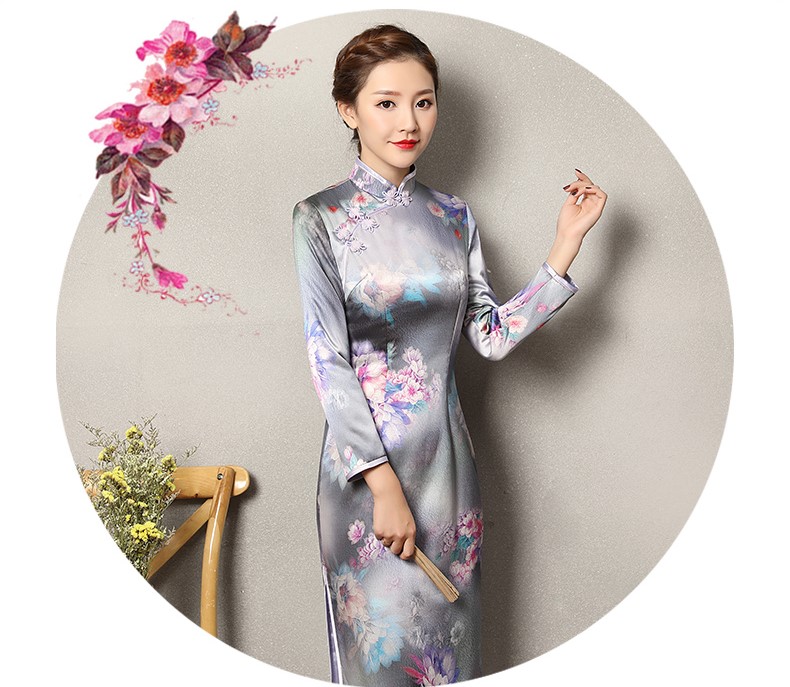 藍色提花孔雀旗袍，復(fù)古花域旗袍裙