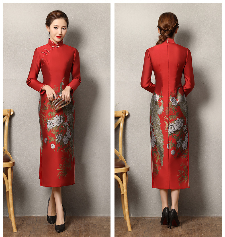 牡丹孔雀紅色旗袍，復古火鳳旗袍裙