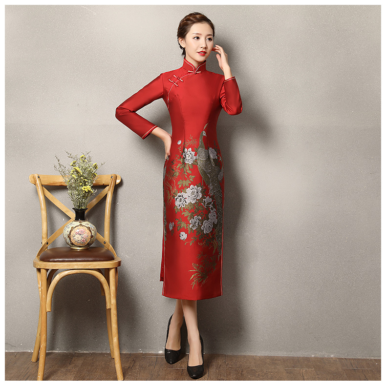 牡丹孔雀紅色旗袍，復古火鳳旗袍裙