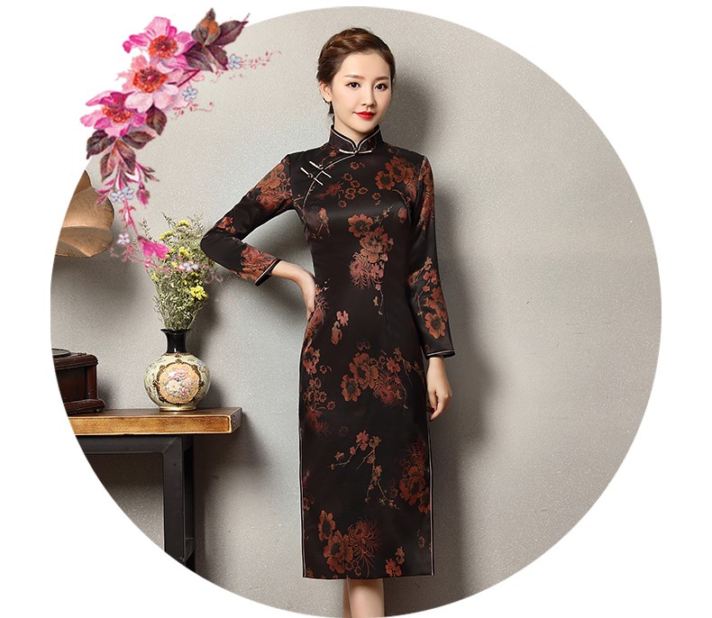 深色印暗紅花旗袍，優(yōu)雅韻放旗袍裙