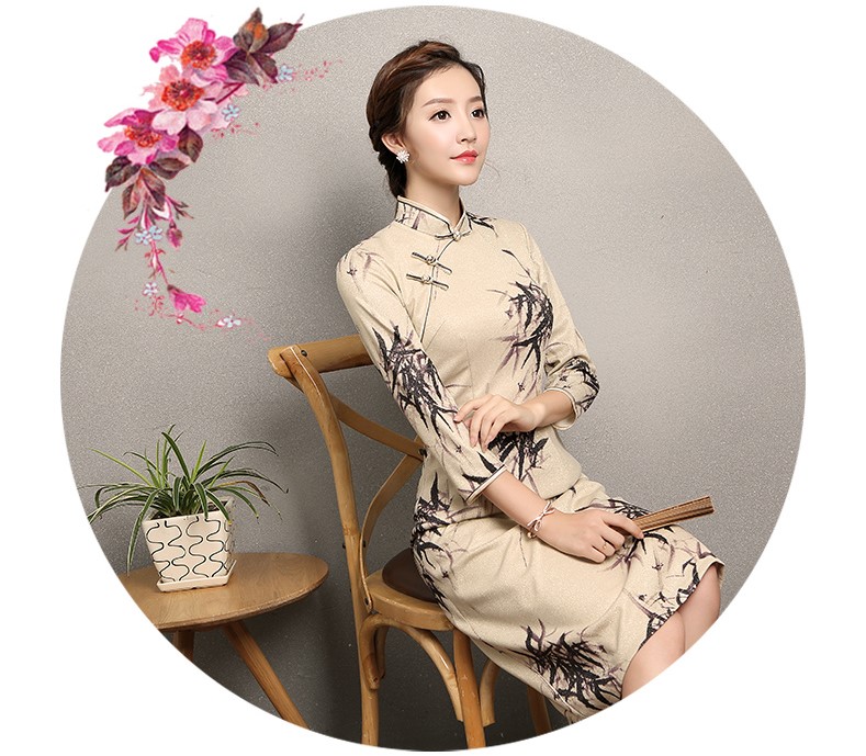杏色墨竹旗袍，時(shí)尚家佳樂文學(xué)旗袍裙