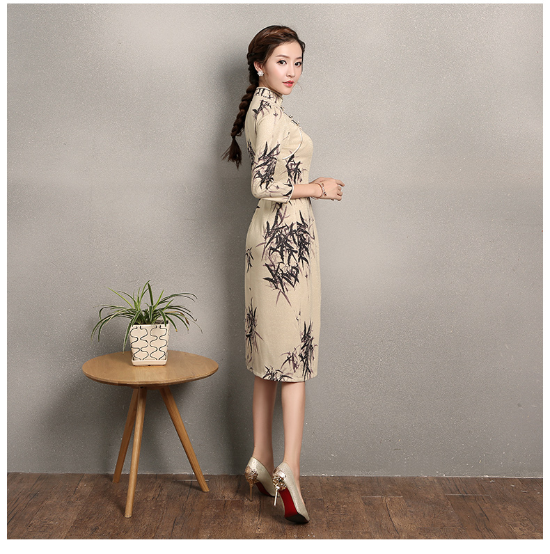杏色墨竹旗袍，時(shí)尚家佳樂文學(xué)旗袍裙