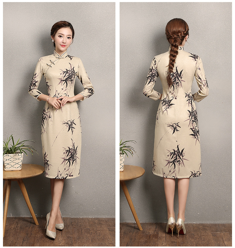 杏色墨竹旗袍，時(shí)尚家佳樂文學(xué)旗袍裙