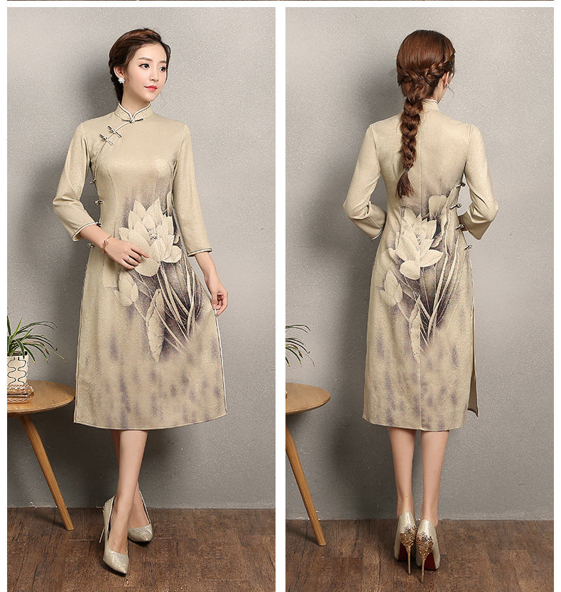 黃色金荷旗袍，時尚家佳樂文學(xué)旗袍裙